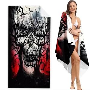 A Gothic Universe Skull Horror Trees Beach Towel – Black/White/Red, Premium